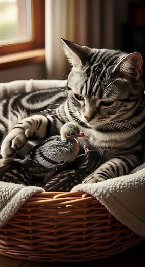Predator To Protector: Watch How This Cat Treats The Baby Bird! 😱