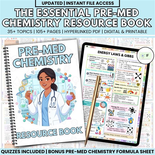 Pre-med Chemistry Resource Book | 100  Page Hyperlinked Study Guide | 35  Topics | Digital Printable Chemistry Notes for Nursing Med Student - Etsy