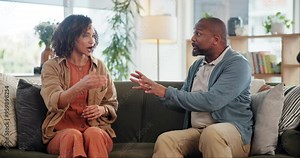 Angry, couple and talking with relationship conflict for affair disaster, marriage fight and cheating stress. People, argue and communication for divorce risk, loyalty fail and toxic drama at house