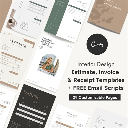 Interior Design Invoice Templates: Estimate, Receipt & Email Scripts (canva) - Etsy