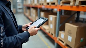 Customs official examining imported trade goods in warehouse using handheld scanner and tablet to verify documentation inspect product condition and enforce compliance in Photo Stock Concept and em