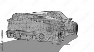 The polygonal mesh model of the concept car of the future. New technology demonstration vehicles. The camera moves around the object, far and wide.