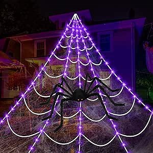 Halloween Decorations Outdoor Spiders Web Light Set, 115 Purple LED Light Decor 200” Triangular Giant Spiderweb Decorations&48" Large Spider&40g Cobweb&10 Small Spiders for Lawn Yard Party Decorations