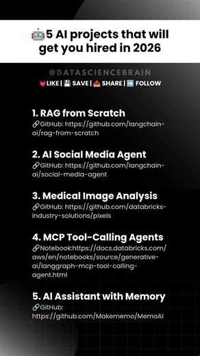 Deepak Jose | Data Science & Gen AI on Instagram: "Your 2026 job search starts with these 5 AI projects 🚀 Before you scroll away please take a moment to → 💗LIKE | 💾 SAVE | 📤 SHARE | ➡️ FOLLOW @datasciencebrain Standing out in interviews isn't about theory—it's about showing what you can BUILD. These projects demonstrate real-world AI engineering skills that hiring managers actually want to see. Each project includes complete source code and documentation to help you learn by doing. Pick one 