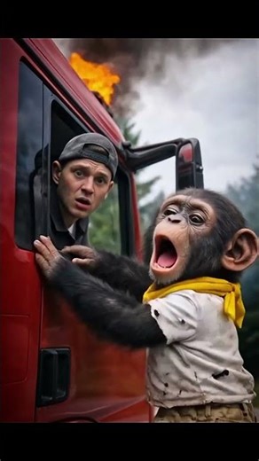 The chimp saw the fire behind truck
