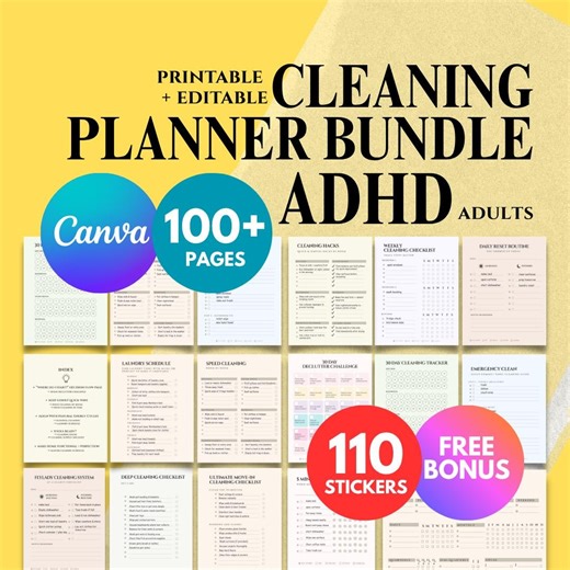 ADHD Cleaning Planner Bundle | Printable, Editable Canva Template (digital Download) Chore Chart With Sticker Pack - Etsy