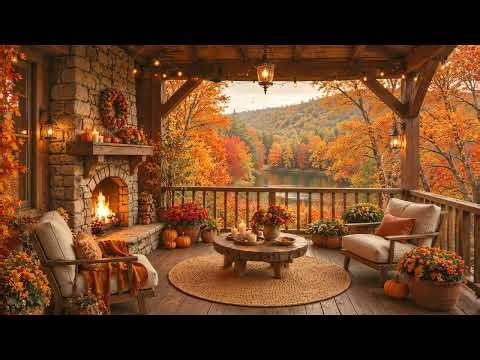 Autumn Mountain Ambience 🍁 Relaxing Falling Leaves and Fireplace Sounds for a Cozy Fall