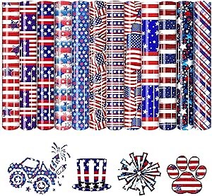 American Flag Patterned HTV Vinyl - 12pcs 12''x 10''Independent Day HTV Patriotic Heat Transfer Vinyl 4th of July Iron on Vinyl for Fabrics