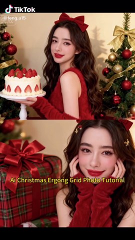 Ai Christmas Ergong Grid Photo Tutorial #dola #ai #christmas #photo. Up and down the two palaces, in the same picture - Character characteristics: British sweet girl, with a red bow hair ornament on her head, makeup is 'innocent deer eyes' - super thick curly eyelashes   pink blush   bright red lip glaze, fair and shiny skin, clear and gentle eyes. - Clothing: red plush sleeveless top   long gloves of the same material, soft and fluffy texture. The scene of the first picture The background is a 