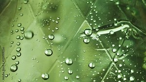 many bubbles of carbon gas in a green bottle of carbonated mineral water, extreme close-up. Macro shot of the movement of bubbles in a bottle