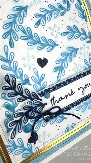 Charlet Mallett🍊Painted-Orange on Instagram: "Creating my own pattern paper with stamps: check out my process. This card was created for #gdp529 color challenge. We are playing with BLUE. 1. Stamp & repeat main image to fill page. 2. Stamp in holes with smaller image in different color. 3. Soften the crisp leaf stamp images with water brush (this paper is basic white). 4. Lightly paint in a color wash on leaves. 5. Add dots with marker to fill in empty areas. #cardmaker #cardmakingreels #stampi