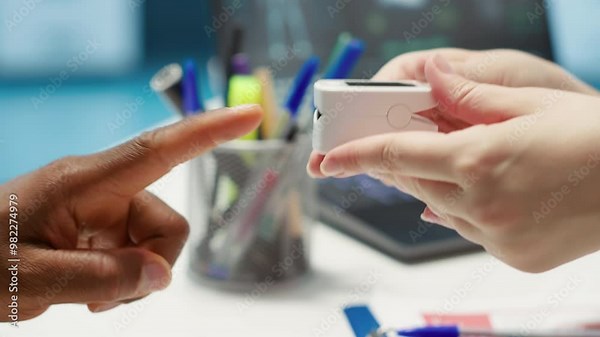 Physician measuring the oxygen saturation and pulse rate using an oximeter during check up visit, consulting her patient with modern medical equipment. Vital signs measurement. Camera A.