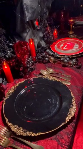 Building the perfect vampire plate stack—every layer sharper than the last. 🩸 #HighHeeledHostess #VampireChic #HalloweenTablescape #CrimsonKiss | Noelle M. Sharbaugh