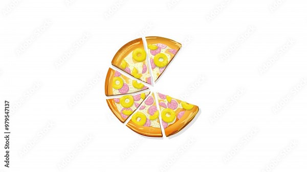 Pizza Hawaii loop animation suitable for food ordering app with disappearing and appearing slices. Abstract 4K video motion graphic isolated over white background.