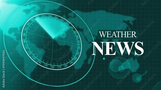 Tv-style weather news graphic with radar overlay and world map background animation