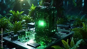 The video depicts a glowing green computer case overgrown with vines in a jungle setting.
