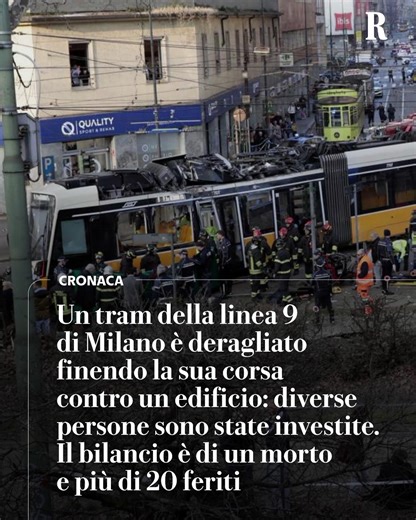 Un tram della linea 9 è deragliato a Milano, finendo la sua corsa fuori dai binari contro un edificio e investendo delle persone. Il primo bilancio dell’incidente è di un morto e di oltre venti feriti: alcuni sono gravi. I vigili del fuoco sono al lavoro per estrarre un passeggero rimasto incastrato tra le lamiere del convoglio. Secondo le prime informazioni, quattro feriti sono stati portati in ospedale. Su Repubblica l'articolo di Carmine R. Guarino #rep #tram #milano | la Repubblica