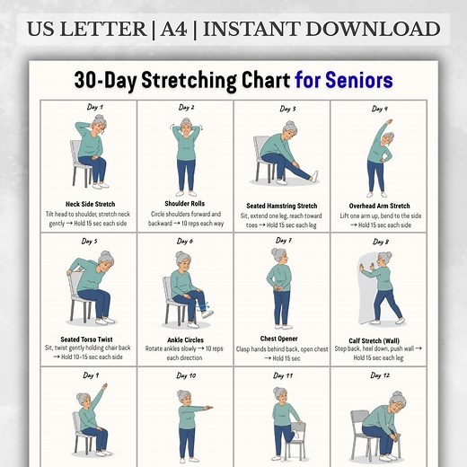 30 Day Stretching Chart for Seniors Printable | Gentle Flexibility Exercises | Seated and Standing Stretch Routine | Fitness Poster PDF - Etsy