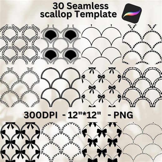 30 Scallop Template Seamless Pattern PNG | Procreate Scallop Brush Builder | 12x12 300 DPI Transparent PNG | Commercial Use - Etsy
