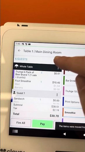 Clover POS - How to move items to a different table/check.