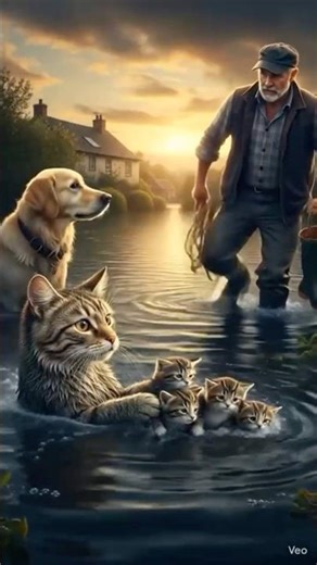 Dogs calling help to rescue cat 🐱 and kittens on a flooded 💦 scene #explorepage #cats #dog #viral