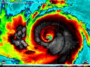 Prepare to be amazed - this animation shows Typhoon Trami at Category 4 intensity on September 23, with a notable amount of trochoidal motion early in the period. The typhoon was going through an eyewall replacement cycle during this time, re-emerging as a Category 5 Super Typhoon on September 24th. http://cimss.ssec.wisc.edu/goes/blog/archives/29936 | CIMSS