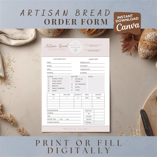 Artisan Bread Order Form for Bakeries | Print-friendly Order Sheet Template (fill Digitally or Print) - Etsy