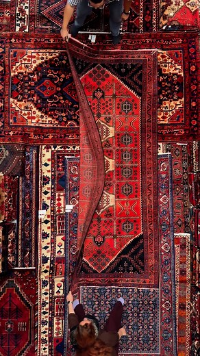 Zhee showroom on Instagram‎: "A stylized memory of Persian gardens— This mid-century Shahsavan rug (c.1945) features a medallion and corner layout inspired by the classical garden designs of Northwest Iran. The floral motifs flow across the bright orange field, while black spandrels frame the composition with clarity. The medallions are positioned like garden pools, and the grid-like field reflects the layout of waterways. Woven in wool on cotton, with a medium-to-low pile. 📏 163 × 323 c