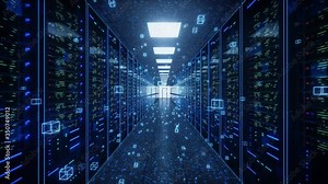 Flight through rack servers in computer data center with neural network connection. Concept of supercomputer. Digital information flows through networks. Mesh panels in a server room. 4K Animation 3d