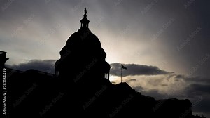 United States Capitol Building at Sunrise, Time Lapse with American Landmark, Sun and Clouds, Washington DC, USA
