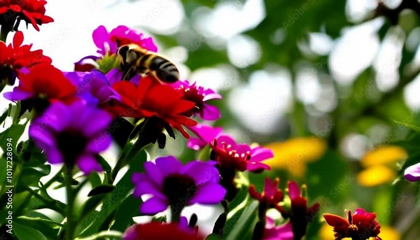 A bee buzzing between flowers in a vibrant flower garden while sun rays filter through the branches