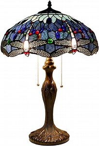 WERFACTORY Tiffany Style Table Lamp Blue Stained Glass Dragonfly Bedside Desk Reading Light Metal Base 16X16X24 Inches Decor Bedroom Living Room Home Office S004 Series