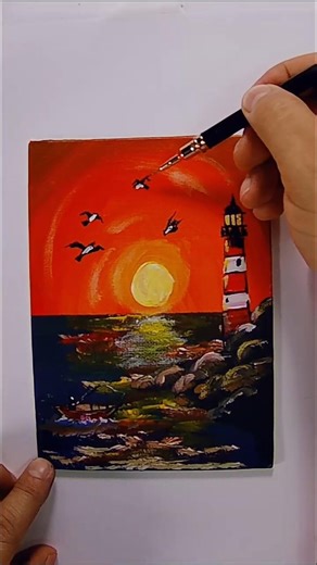 Easy Way to Paint Sunset Lighthouse Mini Painting | Acrylic Art for Beginners #acryliconcanvas #art