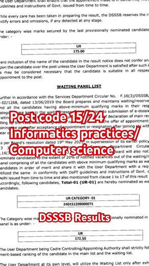 DSSSB || Post code: 15/24, PGT (Informatics Practices/Computer Science) #dsssbresult #techer #exam