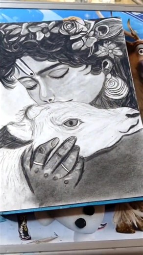 Lord Krishna with Cow 🐄 Realistic Pencil Sketch Drawing 😍