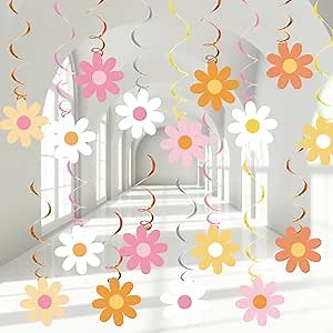 60pcs Daisy Flower Hanging Swirls Colorful Daisy Foil Swirls Ceiling Hanging Decor Flower Cutouts Party Supplies for Boho Hippie Groovy Retro Themed Birthday Baby Shower Party Decorations Favor