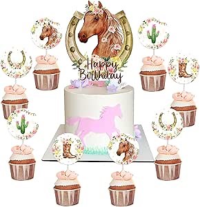 25Pcs Horse Cake Decorations for Girls Women, Western Cowgirl Happy Birthday Cake Cupcake Toppers, Animal Equestrian Themed Decor for Horse Racing Party Supplies