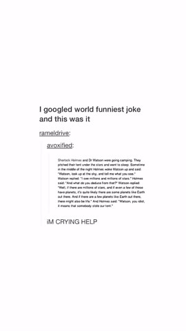 @cerebralcomedy on Instagram: "Cerebral here to explain! In this meme, the comedic brilliance unfolds as the caption playfully introduces it as the “world’s funniest joke,” allegedly discovered through a Google search. The meme stars the iconic duo, Sherlock Holmes and Dr. Watson, engaging in an unexpected camping escapade, deviating from their conventional detective pursuits. The humor takes a delightful turn when Holmes abruptly awakens Watson in the middle of the night, directing his attentio