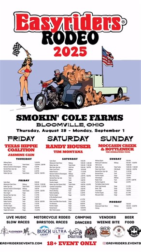The band schedule is now up on our website easyridersevents.com 🤘 If you’re camping, the official water delivery dates are Wed and Friday. S&J will be there all day both days. Same price, $35 for up to 50 gallons. Here’s the weekend band line up. FRIDAY NEVER AGAIN 4:30 DETROIT TROUBLE 6:00 JASMINE CAIN 7:30 TEXAS HIPPIE COALITION 10:00 SATURDAY JT HAYDEN BAND 4:30 SICK SERENITY 6:00 TIM MONTANA 8:00 RANDY HOUSER 10:00 SUNDAY COREY HAGER 7:45 MOCCASIN CREEK 9:30 | Easyriders Events