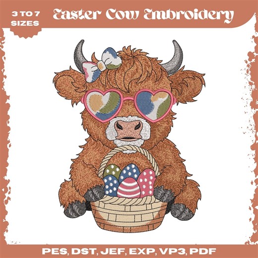 Easter Cow Embroidery Design, Machine Embroidery File, 9 Sizes, Instant Download