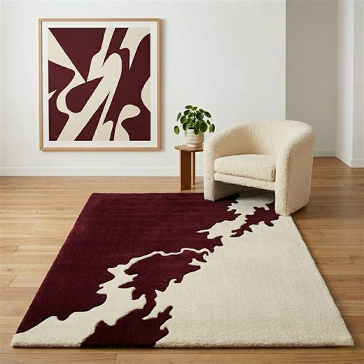 Abstract Modern Rug • Burgundy Cream Hand Tufted Wool Area Rug Organic Shape Custom - Etsy