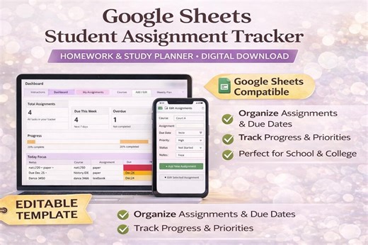 Google Sheets Student Assignment Tracker | Homework & Study Planner | Digital Download