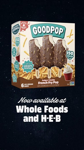 Some things just go together. 🍟🍦 We made the classic fries   milkshake combo hands-free! Introducing the Fudge n’ Vanilla French Fry Pop: creamy vanilla ice cream, rich chocolate shell, and crispy potato fries. 🙂‍↕️ The ultimate swalty treat. Only 150 calories. No dipping required. Find it now at @Whole Foods Market and @H-E-B. 🛒 . #goodpop #frenchfry #frenchfrypop #frenchfries