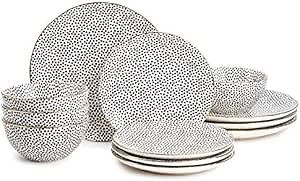Thyme & Table Dinnerware Black White Medallion Stoneware, 12 Piece Set (Polka Dot), Polka Dots