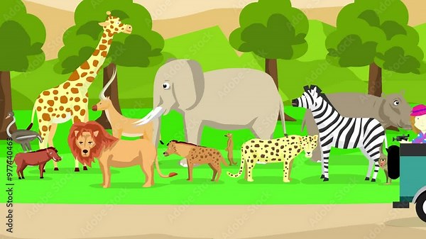 Animated video of safari with animals in the wild and a car with people passing by, Africa.