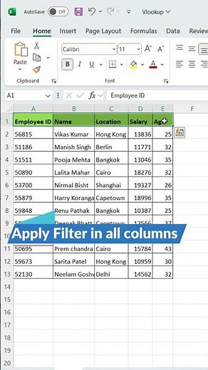 Apply filter in Excel shortcut Key CTRL+SHIFT+L