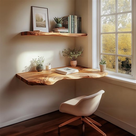 Rustic Live Edge Floating Desk With Shelf Solid Wood Wall Mounted Workspace Decor Living Room Gift - Etsy