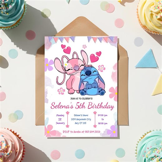 Stitch & Angel Birthday Invitation: Editable Canva Template - Etsy