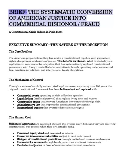 The Systematic Conversion of American Justice into Commercial Dishonor & Fraud is a deeply researched exposé revealing how the American judicial system has been covertly transformed from a common-law, constitutional model into a commercial, administrative structure. This shift, the book asserts, has undermined fundamental rights, redefined the meaning of justice, and subverted the rule of law under the guise of legal procedure. The work details how modern courts operate under maritime and admini