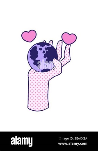 spinning hearts animation of cartoon hand holding whole earth Stock Video Footage - Alamy